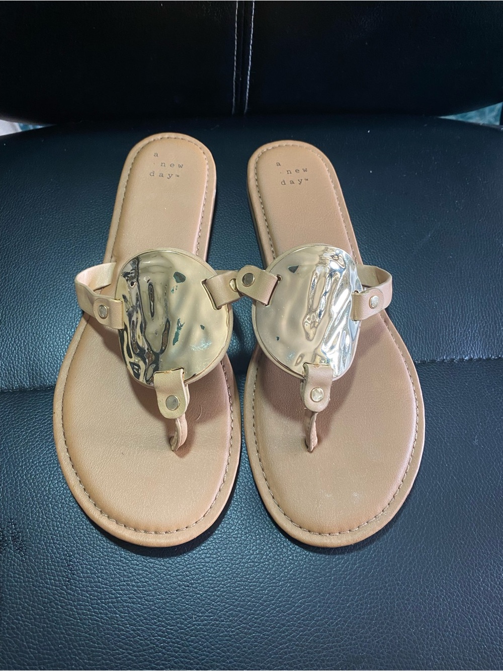 A New Day Tan Sandal with Gold Disc Accent Size 8.5
